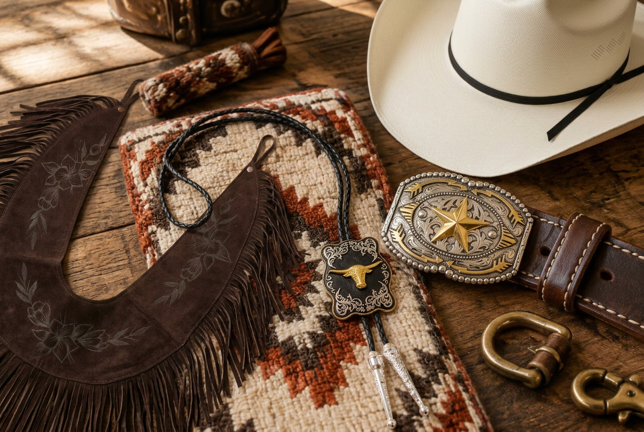 AJ Leather products arranged on a rustic wooden workbench: white cowboy hat, star buckle on a leather belt, longhorn bolo tie and fringed leather piece